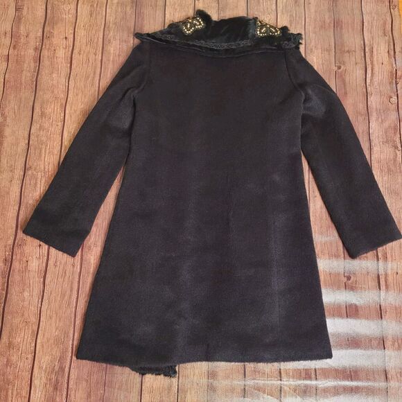 Olivine Gabbro Coat Womens 6 Black Alpaca Embellished Mid Length Rabbit Fur Trim - Picture 6 of 16